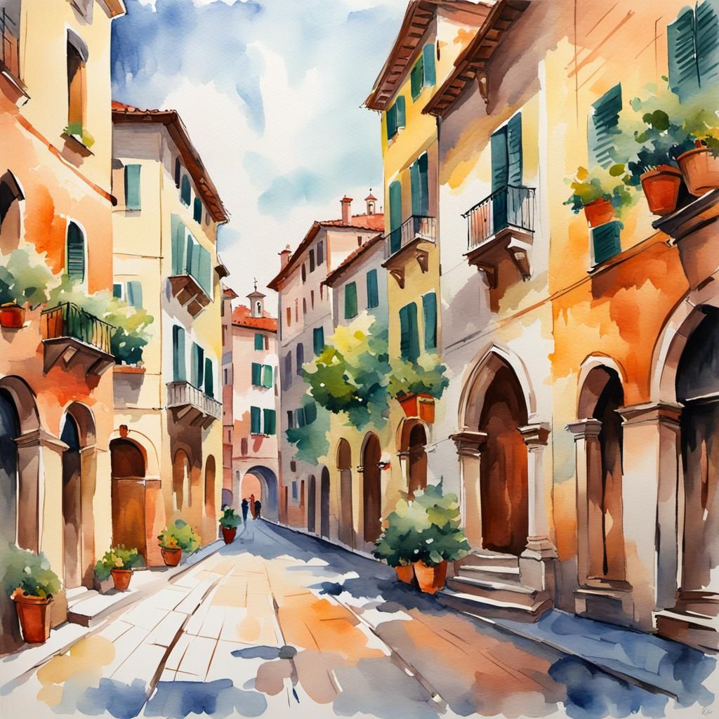 Elegant Watercolor Verona Streetscape in Gouache Style
