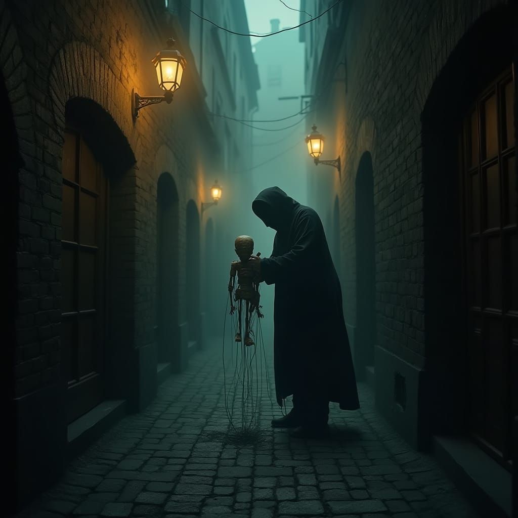 Dark Alleyway with Puppetmaster in Shadows