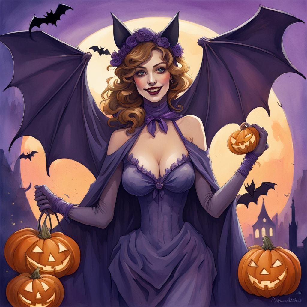Elegant Halloween Bat Trick-or-Treater in Gouache Style