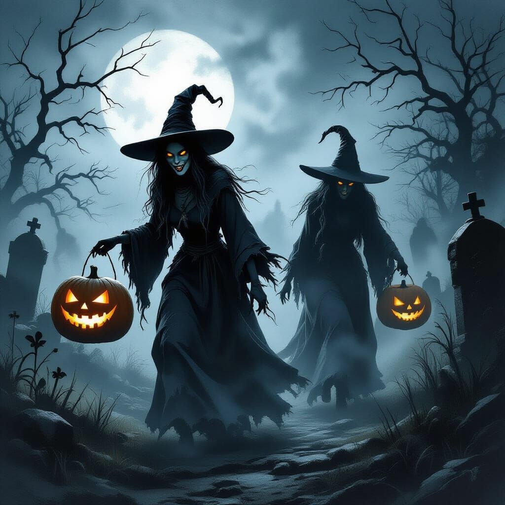 Creepy Witches Cackling in Moonlit Graveyard
