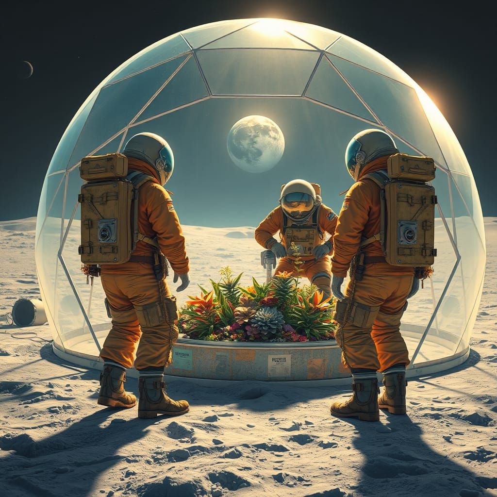 Spacesuit Guardians of a Lunar Oasis