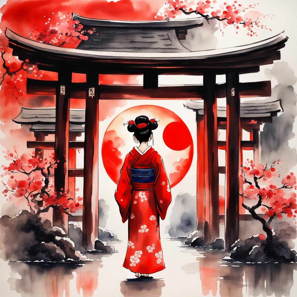 Beauitiful alluring Japanese Geisha Girl standing with her back to the viewer looking at them with a shinto arch behind ...