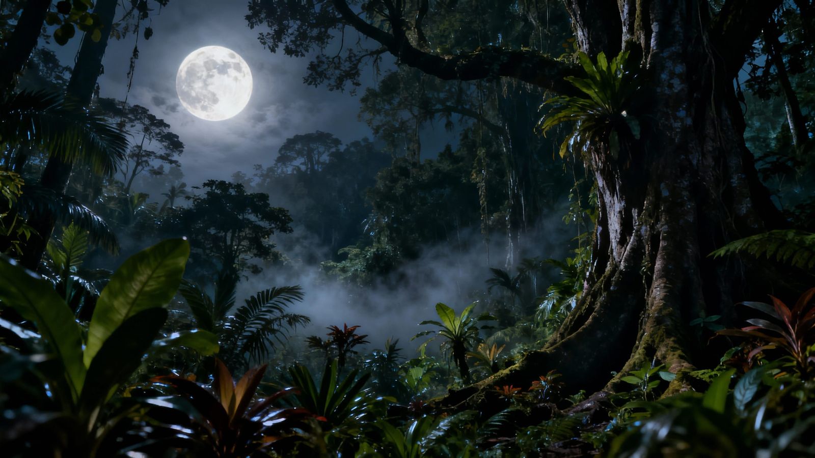 Lush Rainforest Under Moody Moonlight