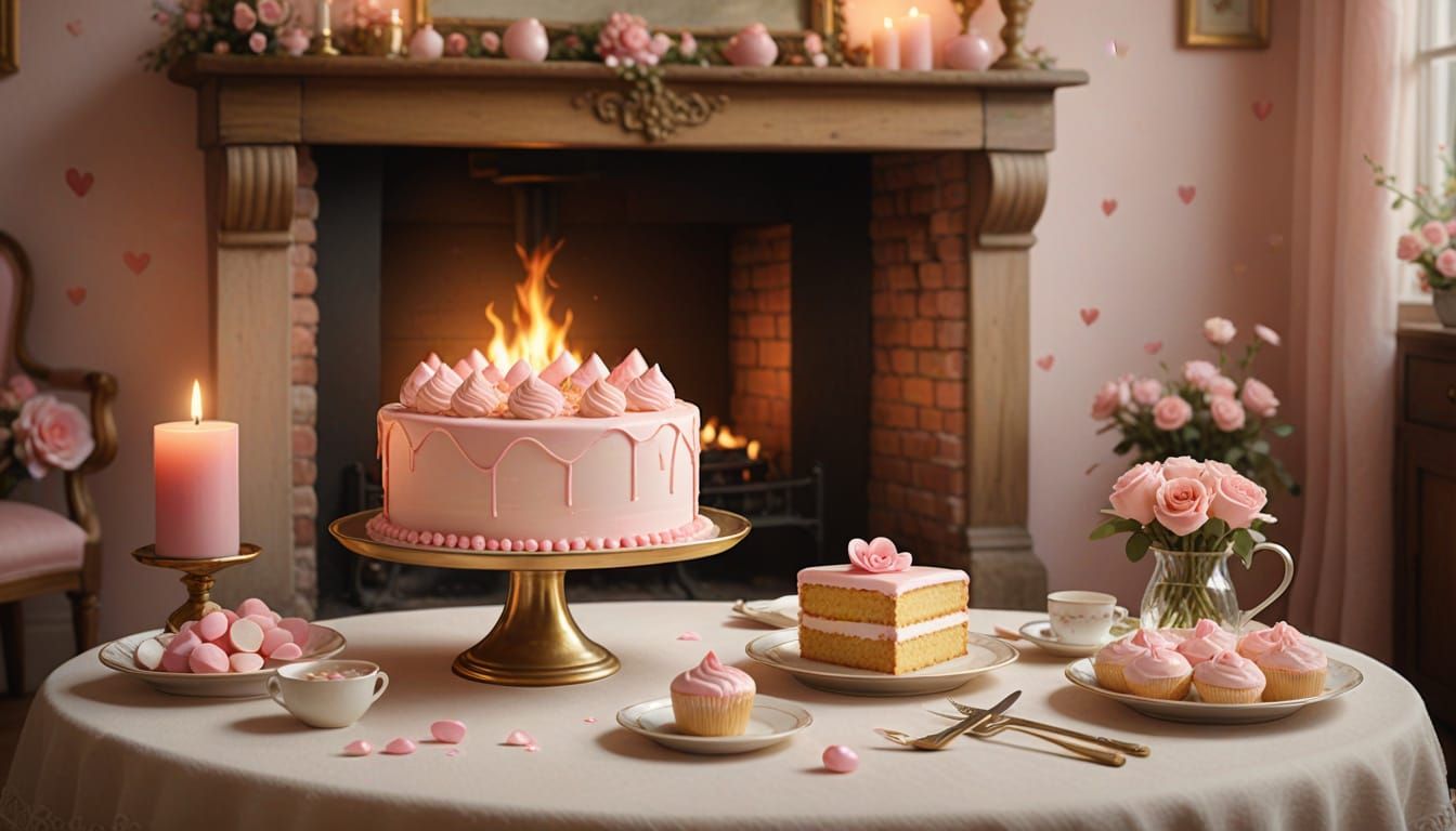 Cozy Valentine's Day Scene with Heart-Shaped Cake in Whimsic...
