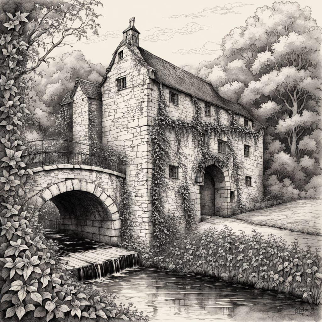 Ink Sketch of Ivy Covered Wall and Watermill in Art Nouveau ...