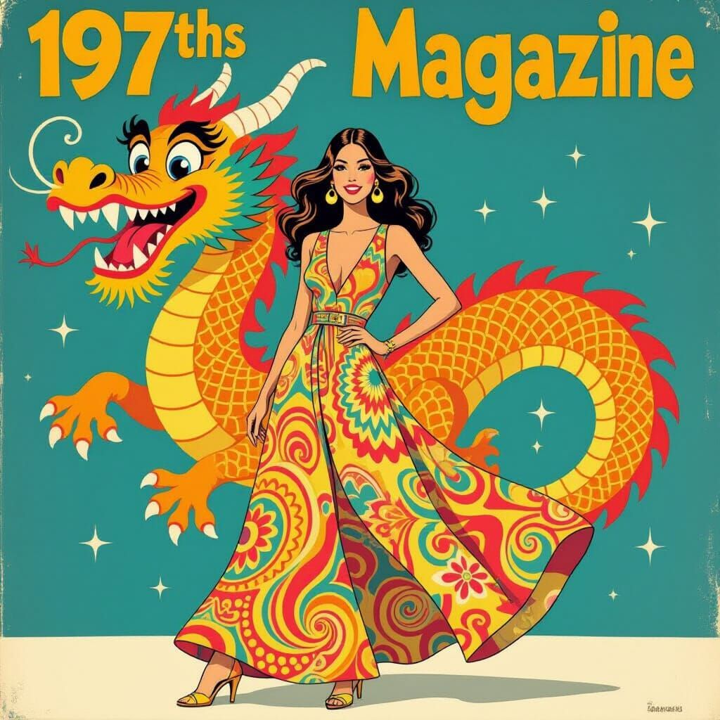 1970s Psychedelic Fashion Model with Cartoon Dragon