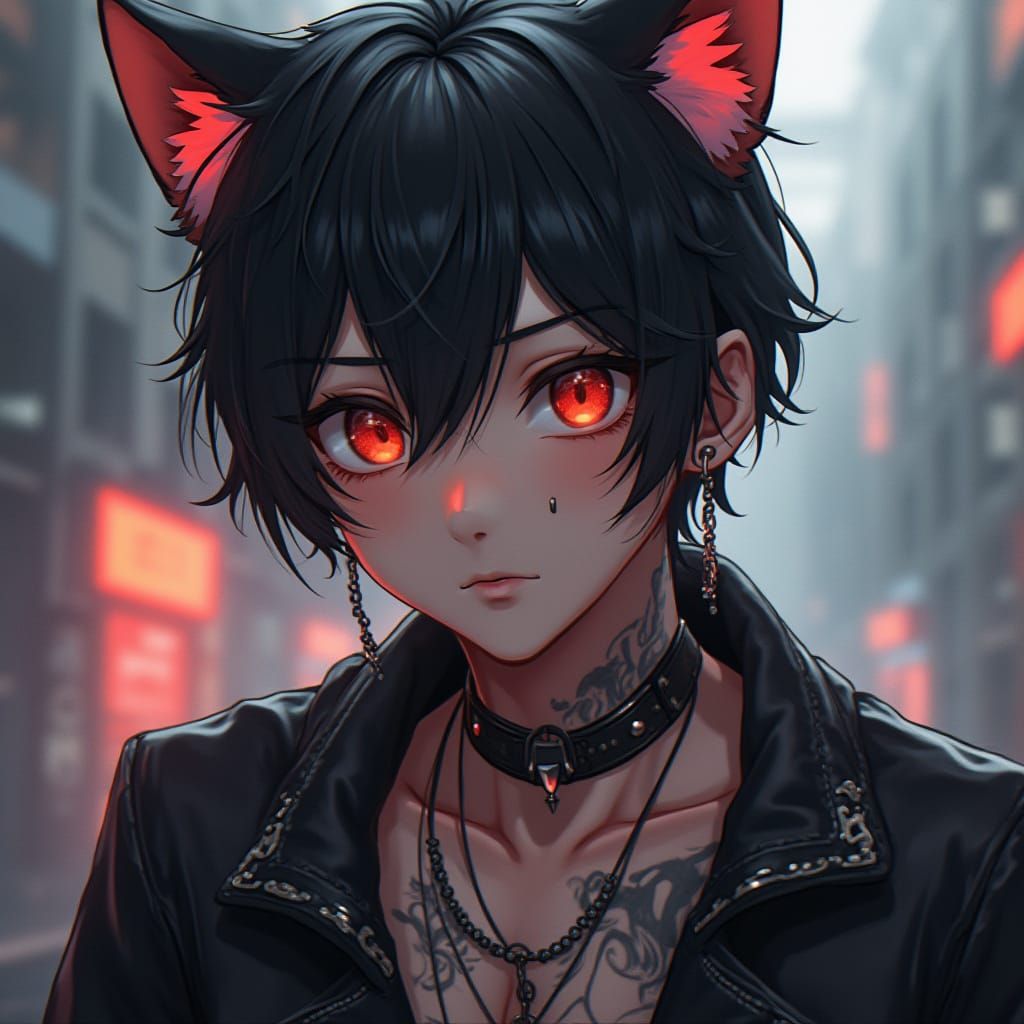 Surreal Anime-Inspired Male Neko in Grungy Aesthetic