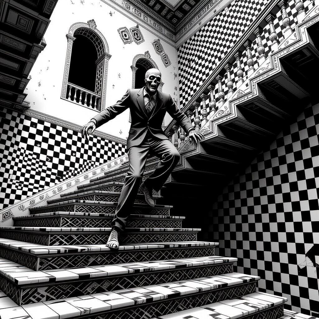 Zombified Escher Ascends Impossible Staircase in Geometric A...
