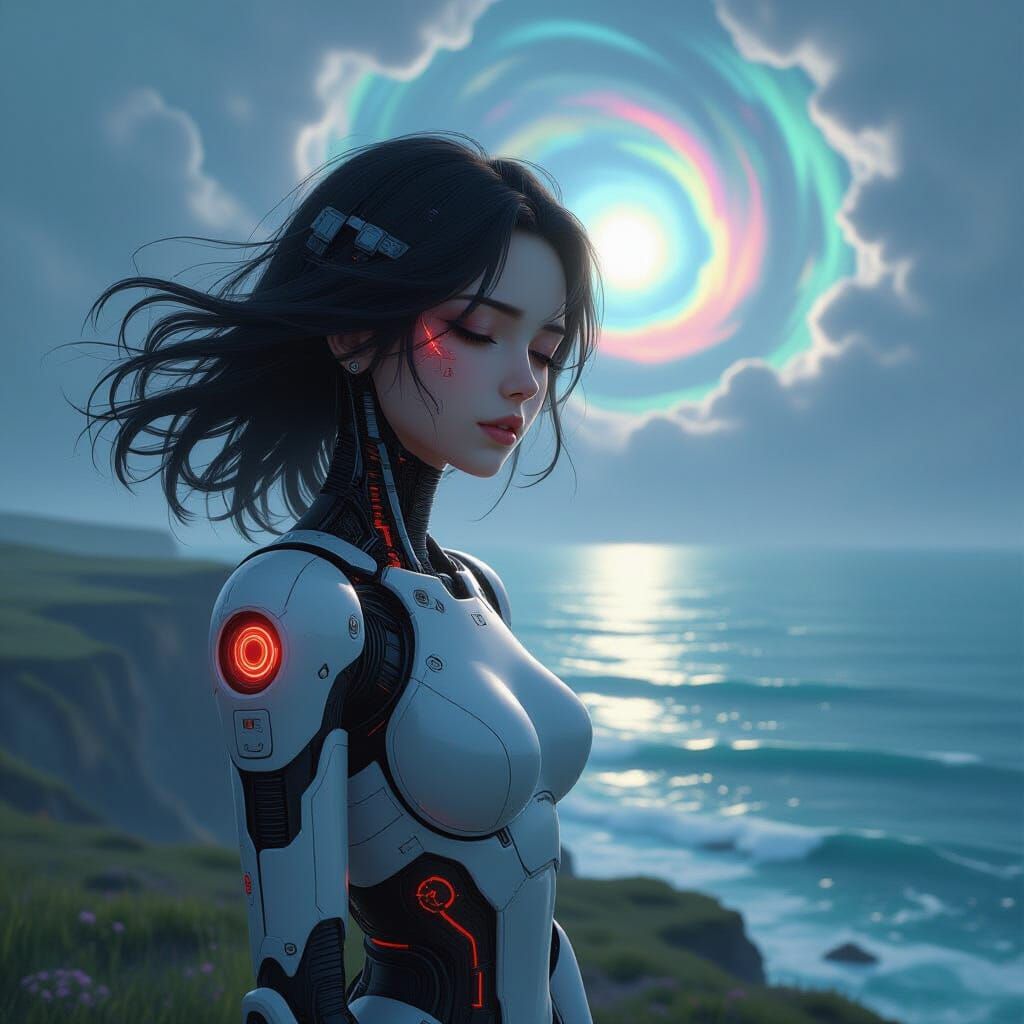 Melancholic Cybernetic Woman Overlooking Alien Ocean in 3D A...