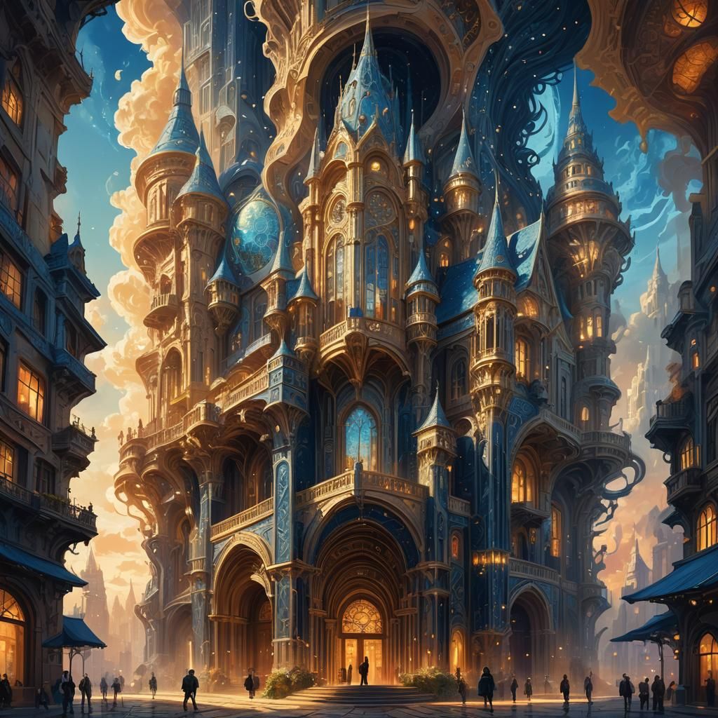 Colossal Building in Golden Light, with Intricate Patterns a...