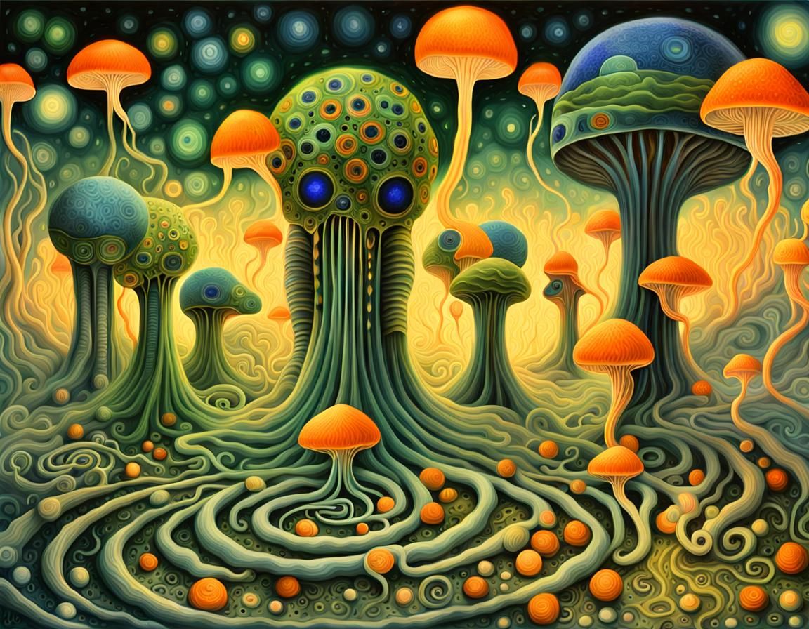 two glow worms with lapiz lazuli psilocybe clock heads, Mescaline and DMT art, leonora CARRINGTON, H.R. GIGER, M.C. ESCH...