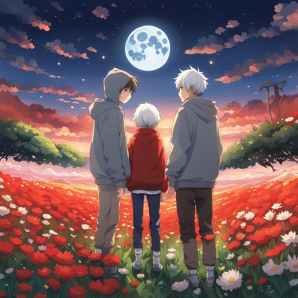 Anime Boys Under Moonlight in a Field of Flowers