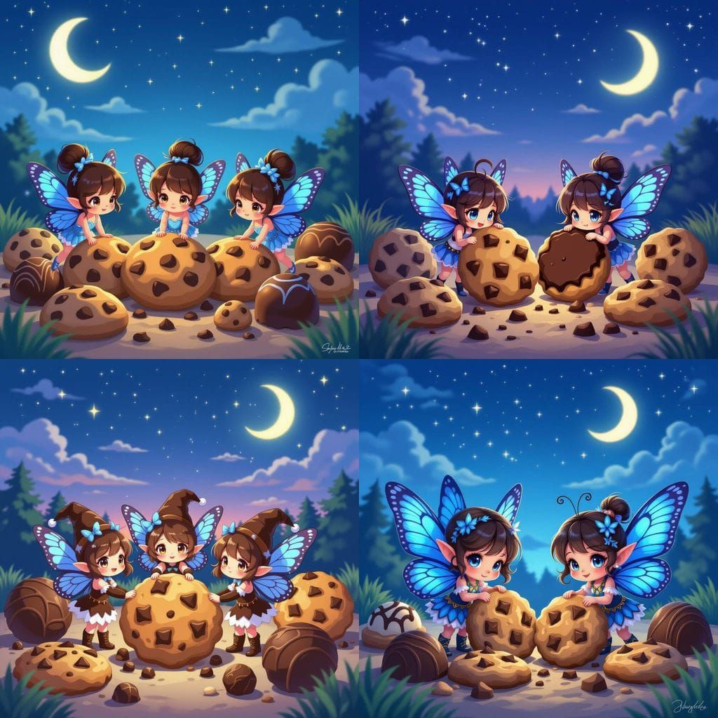 Chocolate Pixies Playing Among Giant Chocolate Truffles