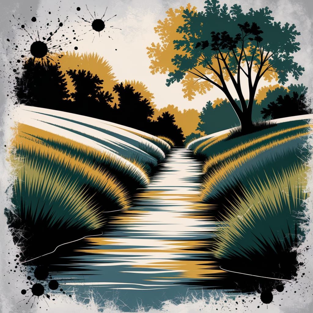 Tranquil Stream in Vibrant Green and Yellow, with Dappled Sh...