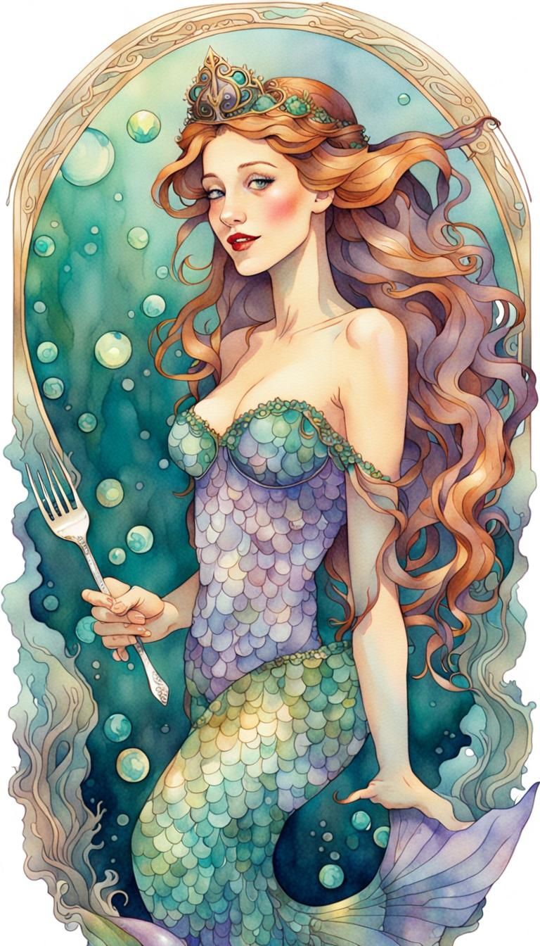 Ariel in Art Nouveau Style with Kelp Crown