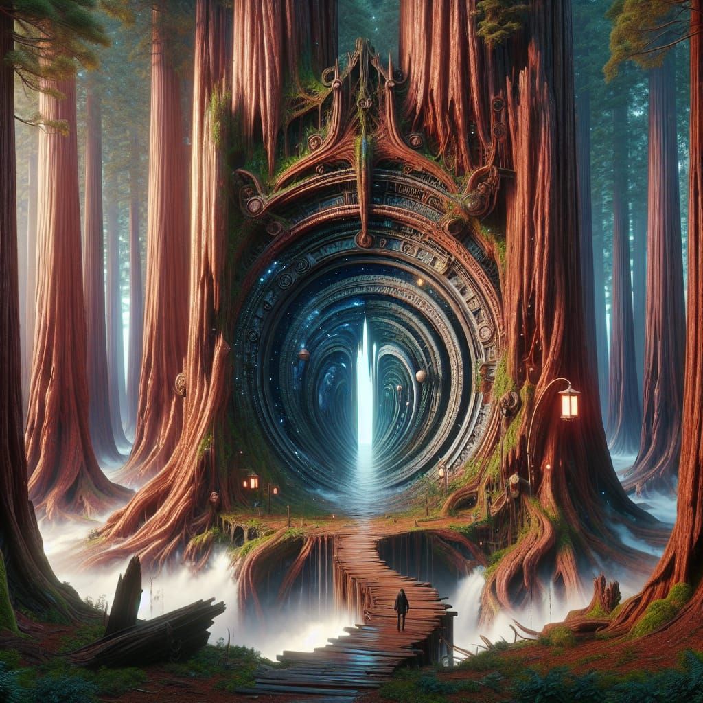 Surrealist Fantasy Scene: Ancient Stargate in Redwood Forest