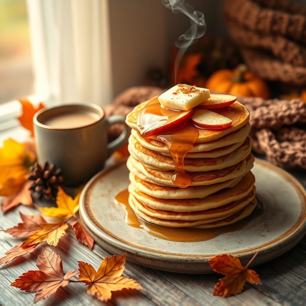 Cozy Autumn Breakfast Scene with Fluffy Pancakes and Warm Fa...