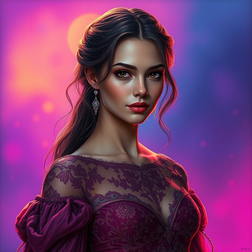 Ethereal Woman in Lavish Gown Against Ombre Hues