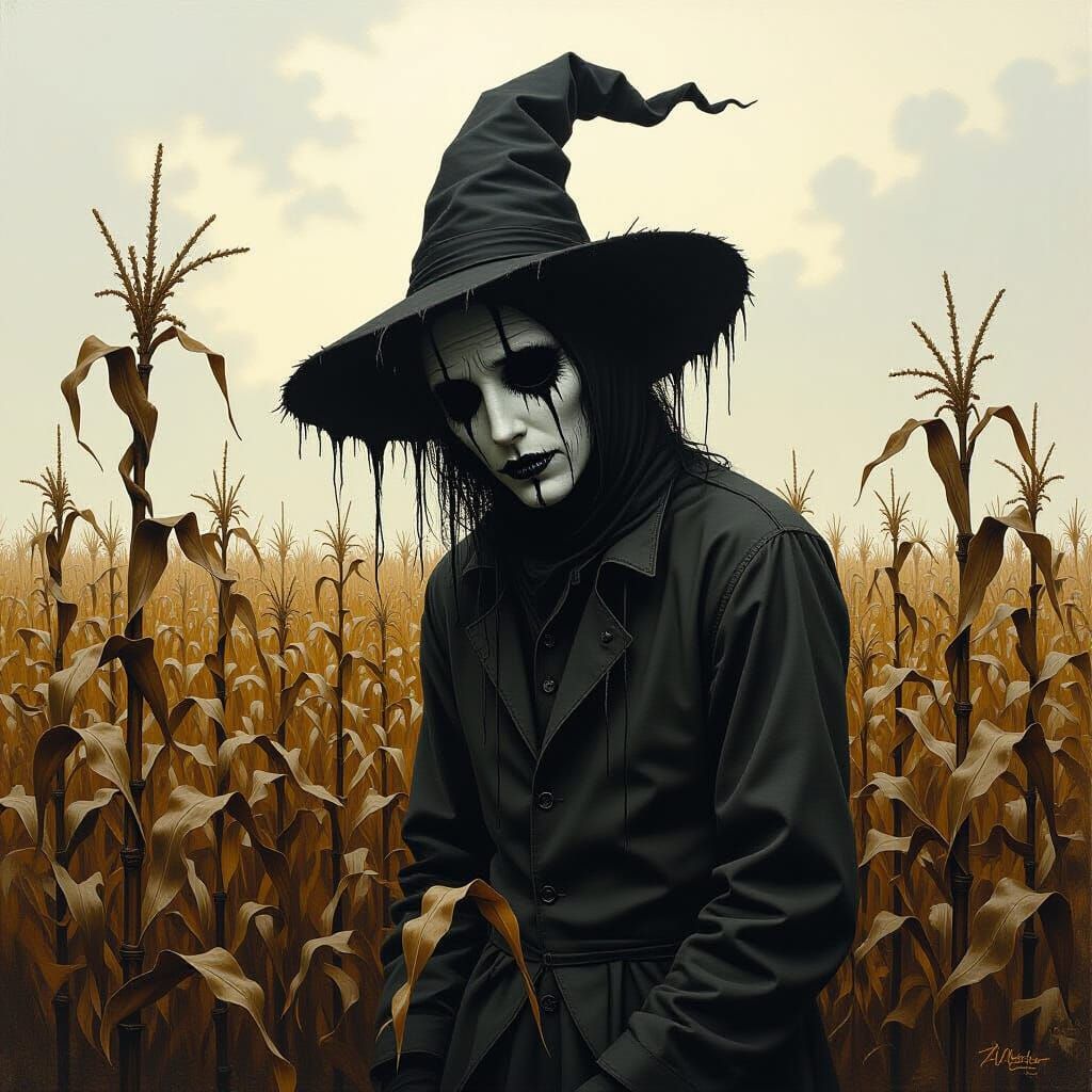 Grotesque Scarecrow in Desolate Cornfield, Eerie Dark Art