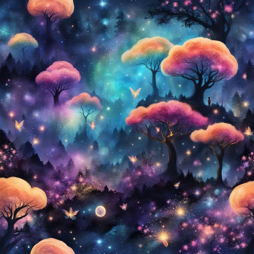 Surreal Cosmic Forest Awakens to Whimsical Fairy Life
