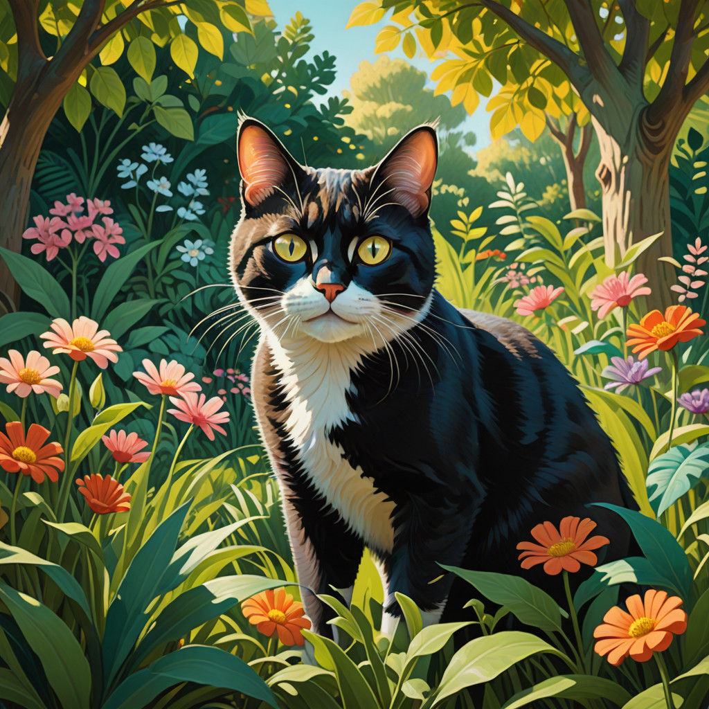 Cat Slinks Unseen Through Sunny Garden in Whimsical Fantasy....
