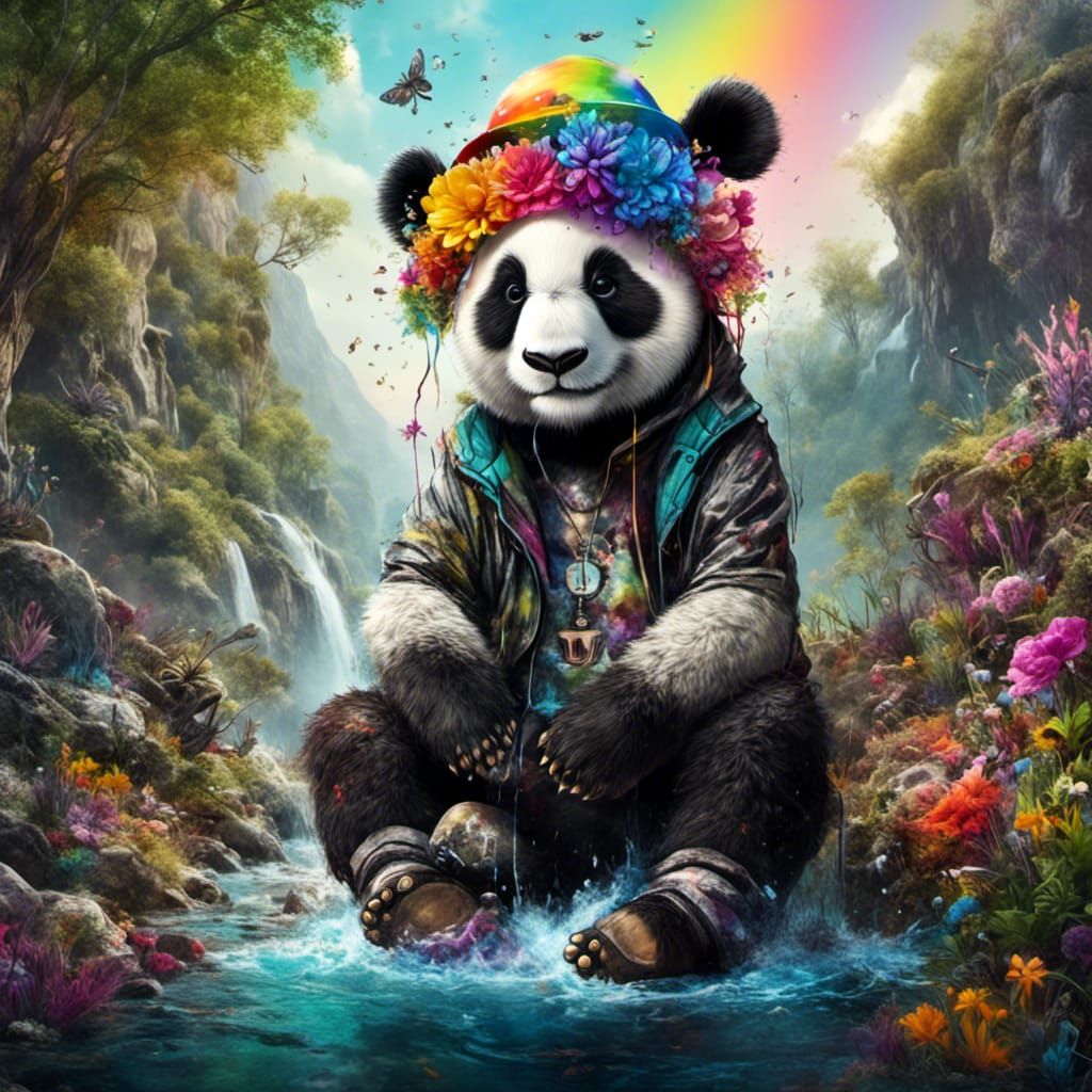 Hyperrealistic Portrait of a Person Wearing a Panda Hat in a...