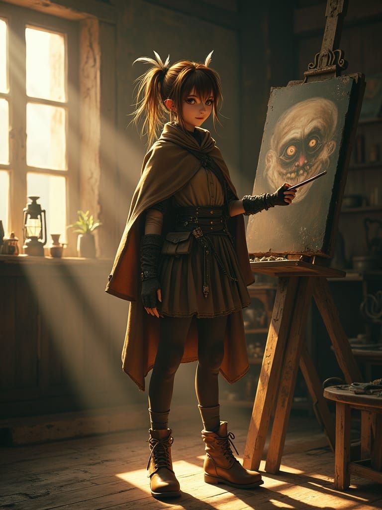 Whimsical Portrait of a Mysterious Artist in a Rustic Studio
