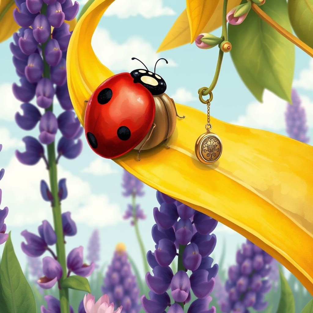 Whimsical Ladybug on Lemon Leaf, Gazing at Ornate Locket