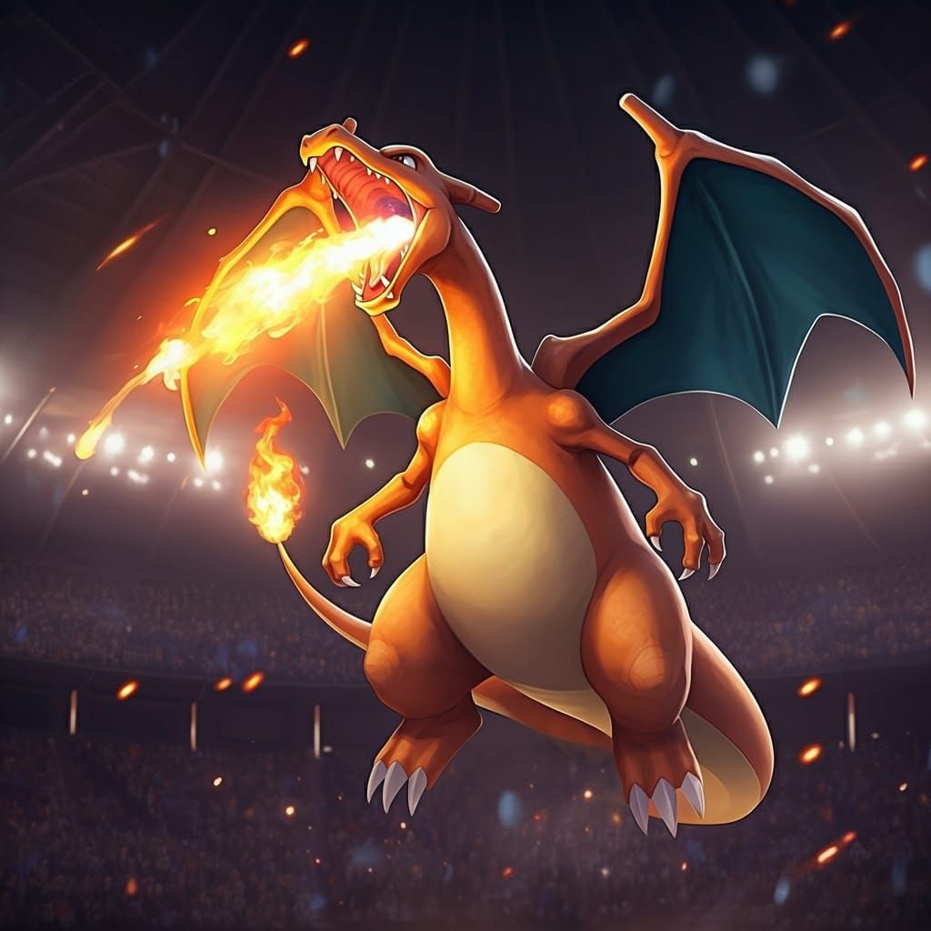 Epic Charizard Battle Scene in Cyberpunk Anime Style