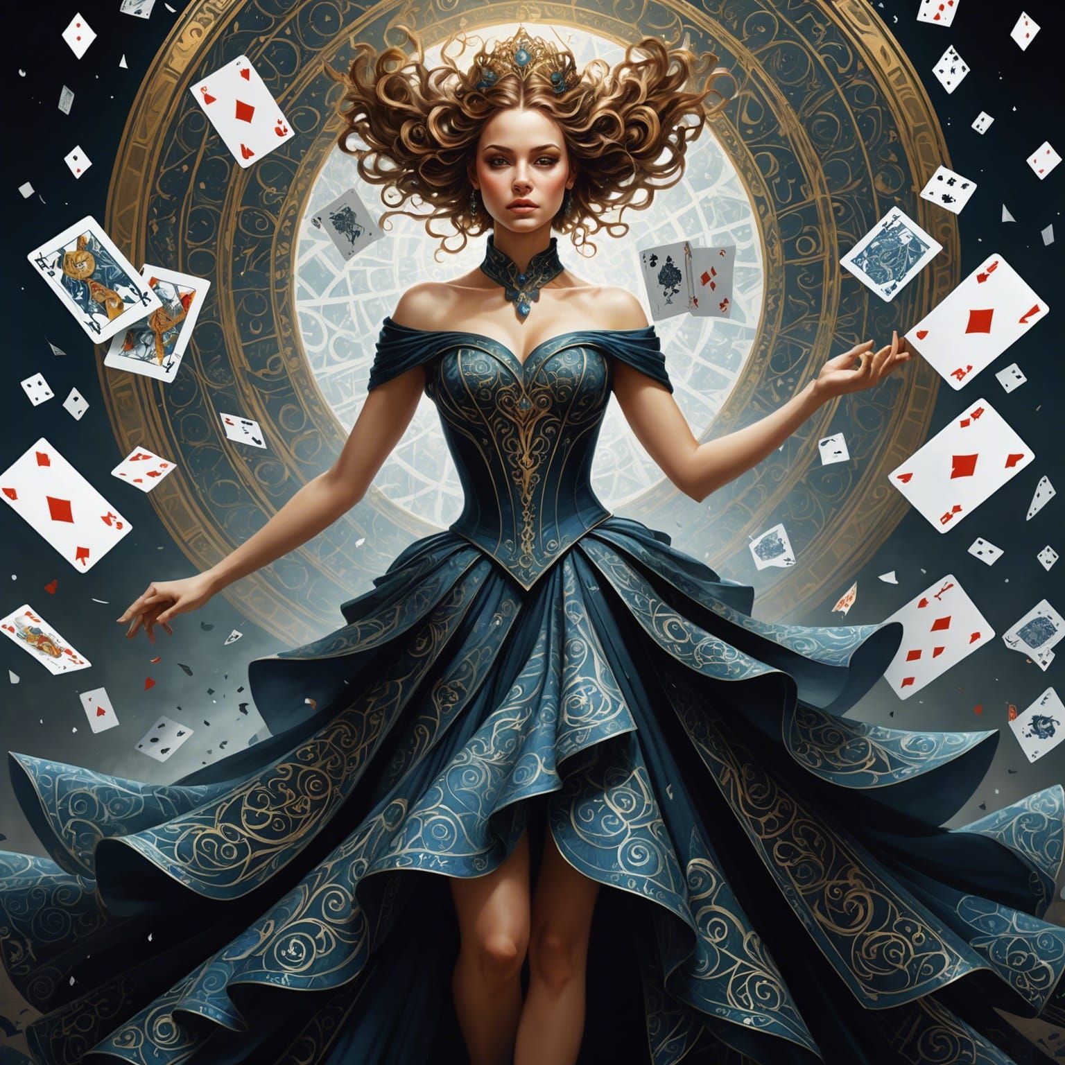 Vibrant Woman in Whirling Card Dress