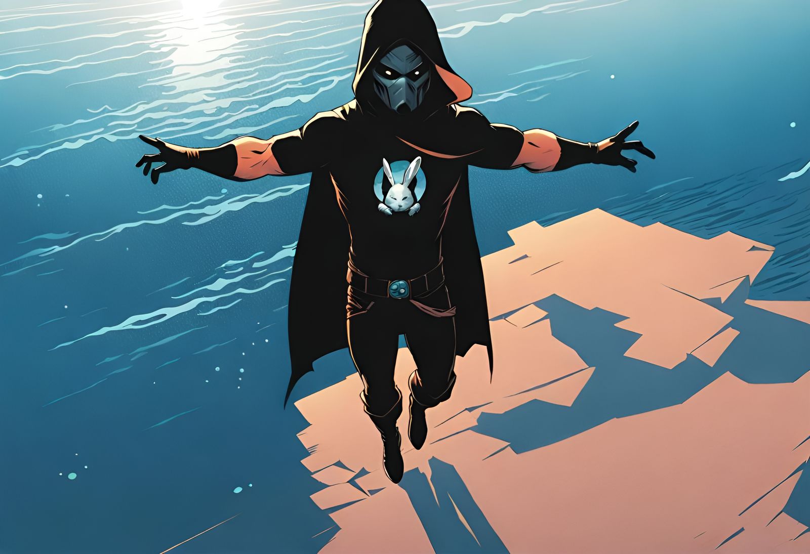 Superhero Flying Over Ocean with Small Bunny Companion