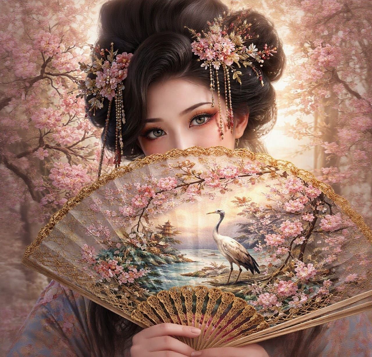Geisha Behind Embroidered Fan with Crane and Cherry Blossoms