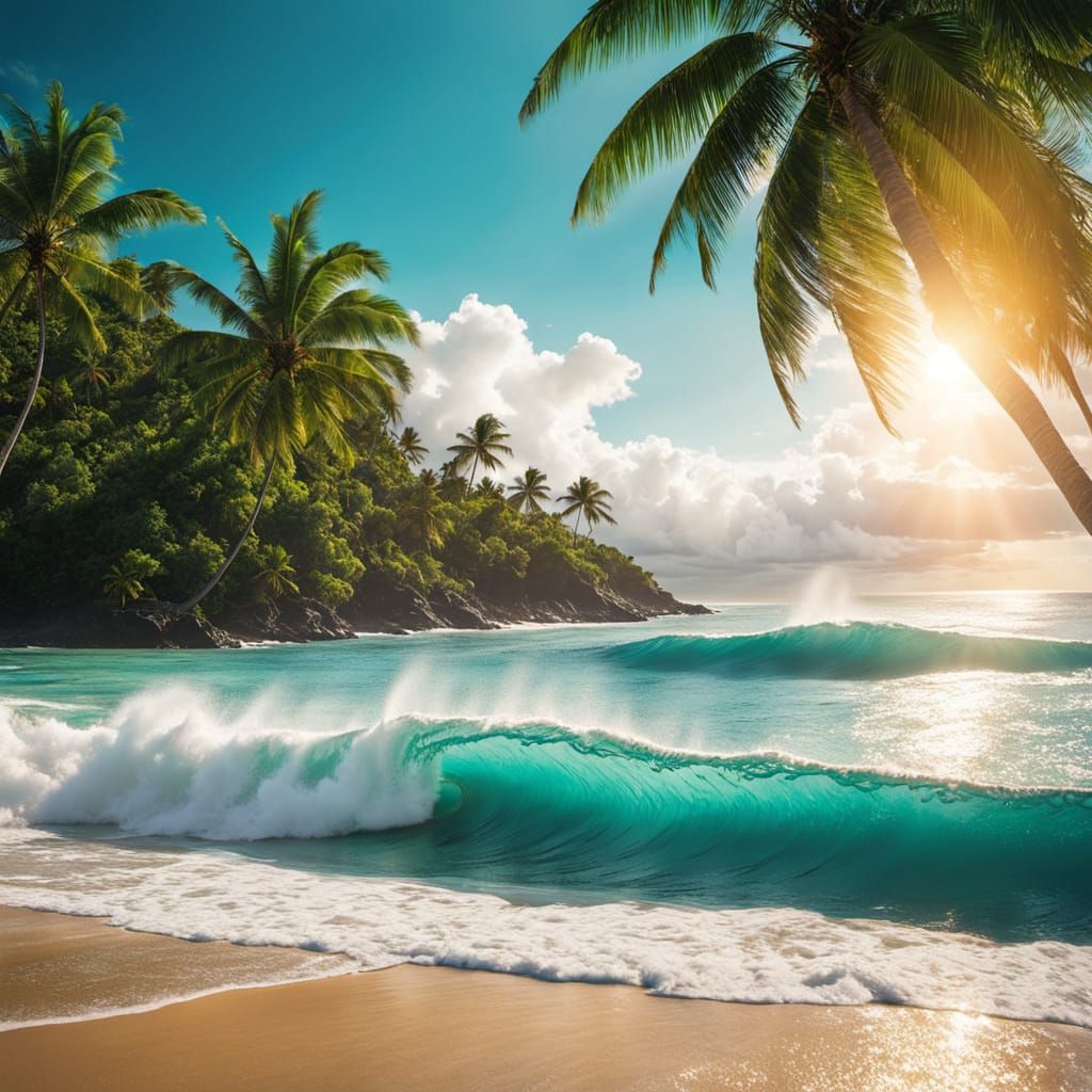 Rugged Surfer Rides Turquoise Waves in Tropical Paradise