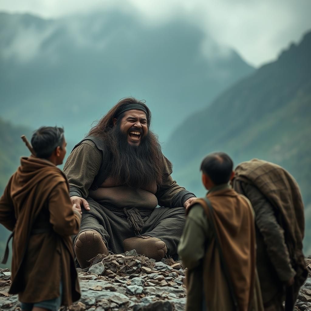 Giant Converses with Villagers in a Rocky Landscape
