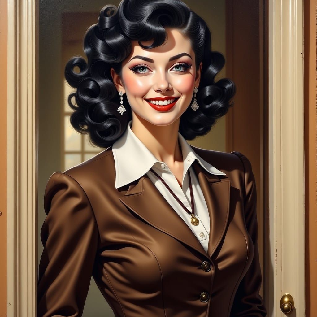 Elegant Woman in 1950s Attire, Oil Painting Impressionism St...