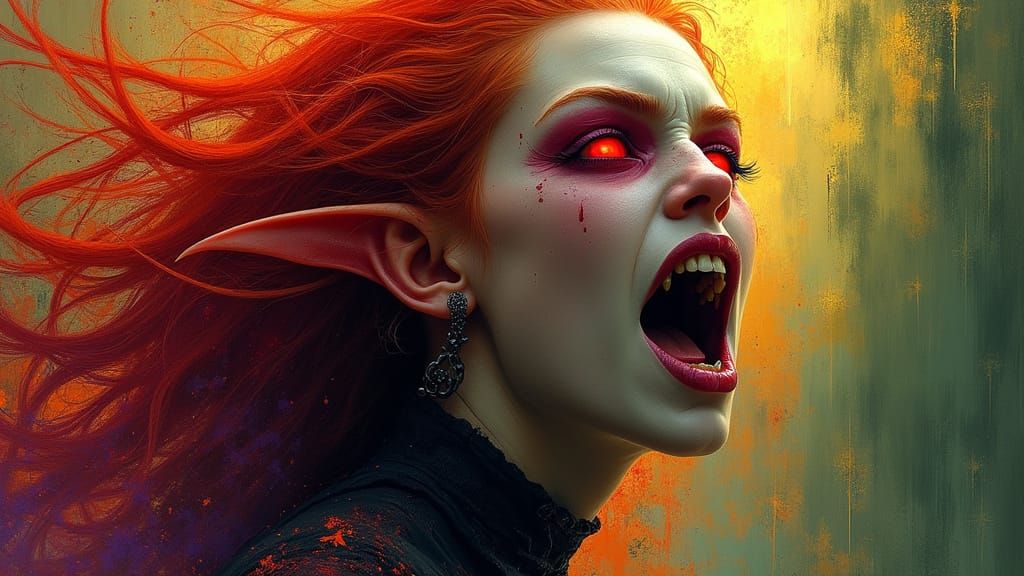 Dark Fantasy Elven Portrait with Haunting Red Eyes