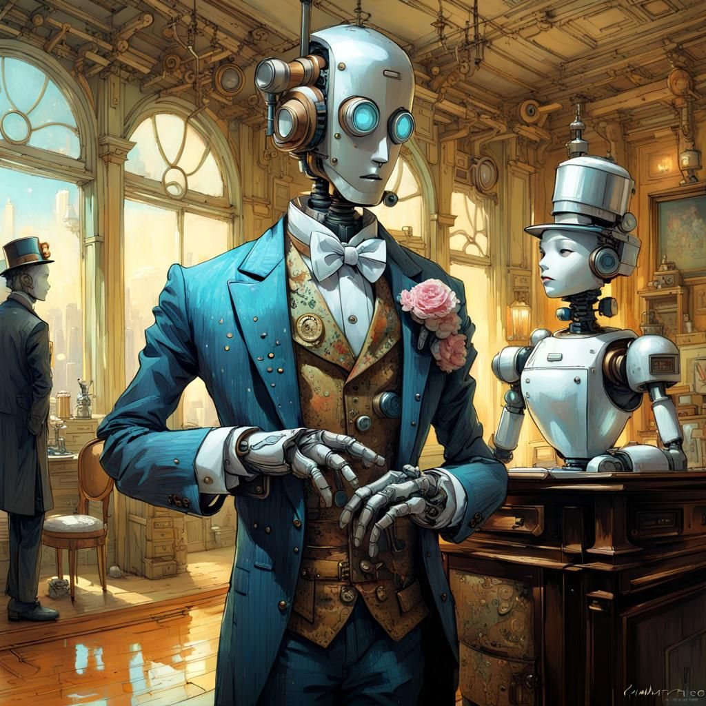 Elegant Steampunk Robot Butler in Grand Conversation