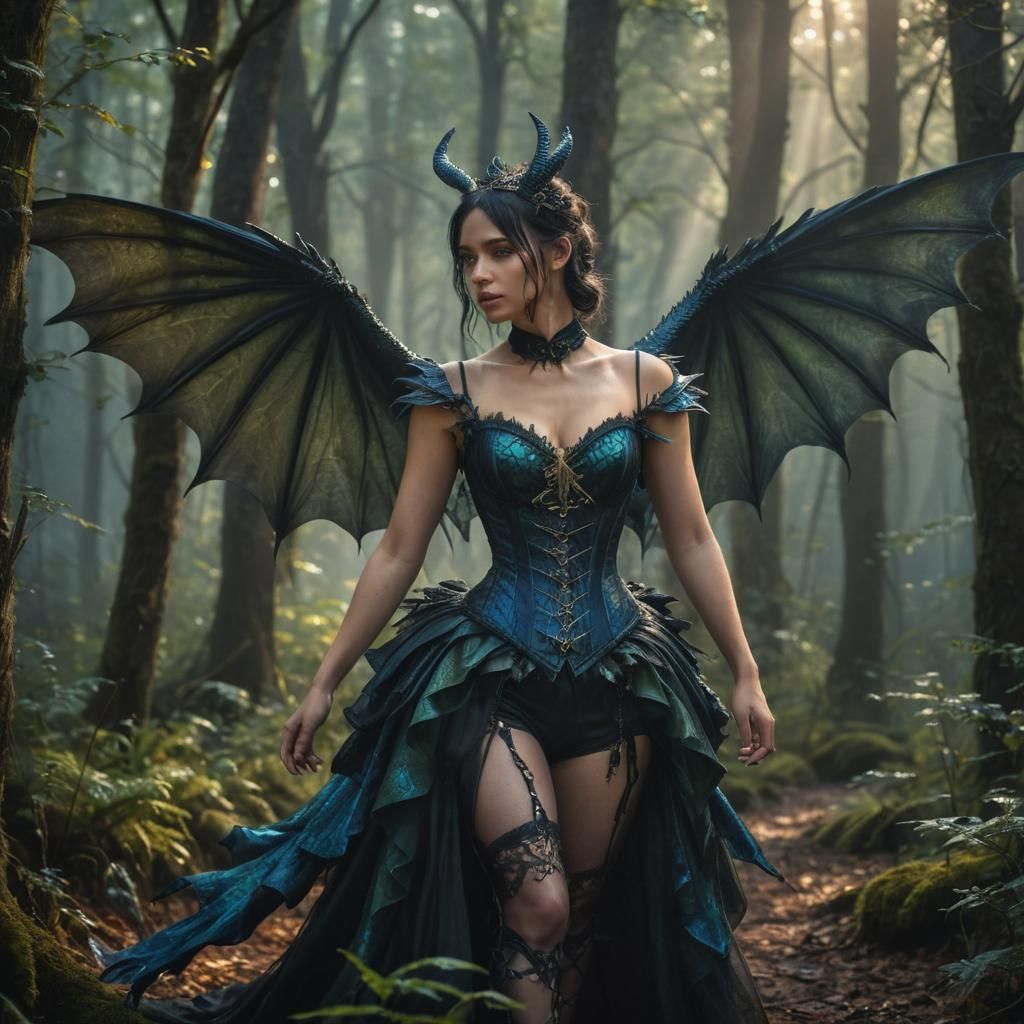 Winged Fantasy Dragoness Amidst Mysterious Misty Forests