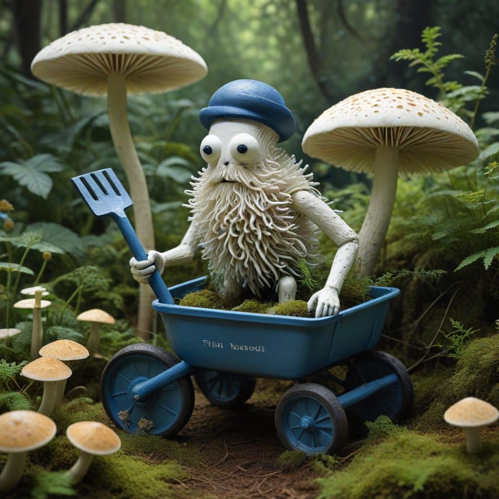 Whimsical Fungal Creature Tends Mushroom Garden in Linocut S...