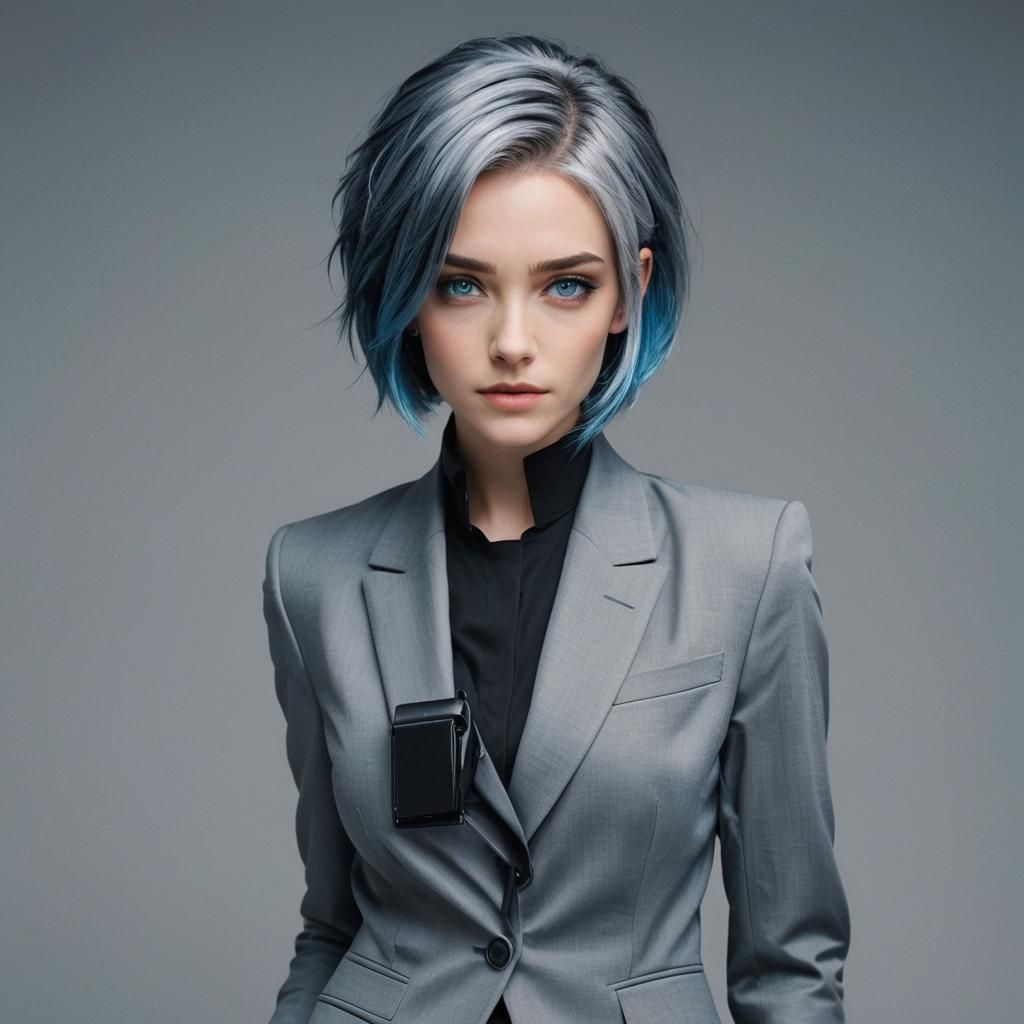 Cyberpunk Woman in Fitted Suit Stands Confidently
