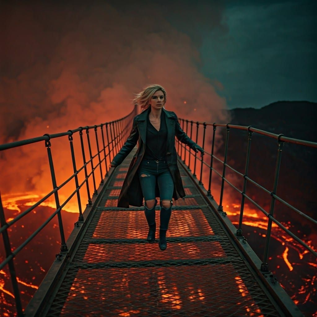 Dystopian Woman Runs Across Lava-Filled Volcano Bridge