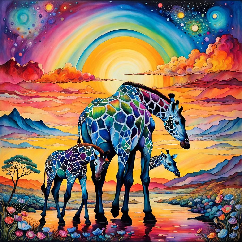 Enchanting Sunset Giraffe Mother and Child in Whimsical Harm...