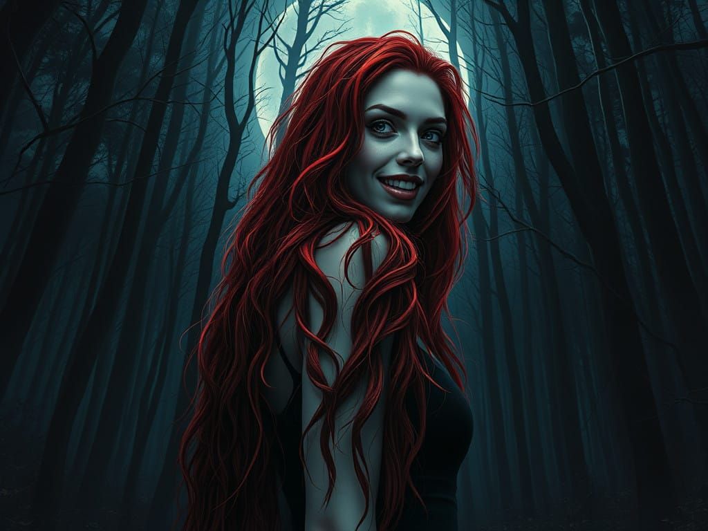 Surreal Woman in Moonlit Forest: Dark, Gothic, Horrorcore Ar...