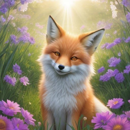 Smiling Fox in Summer Field with God Rays