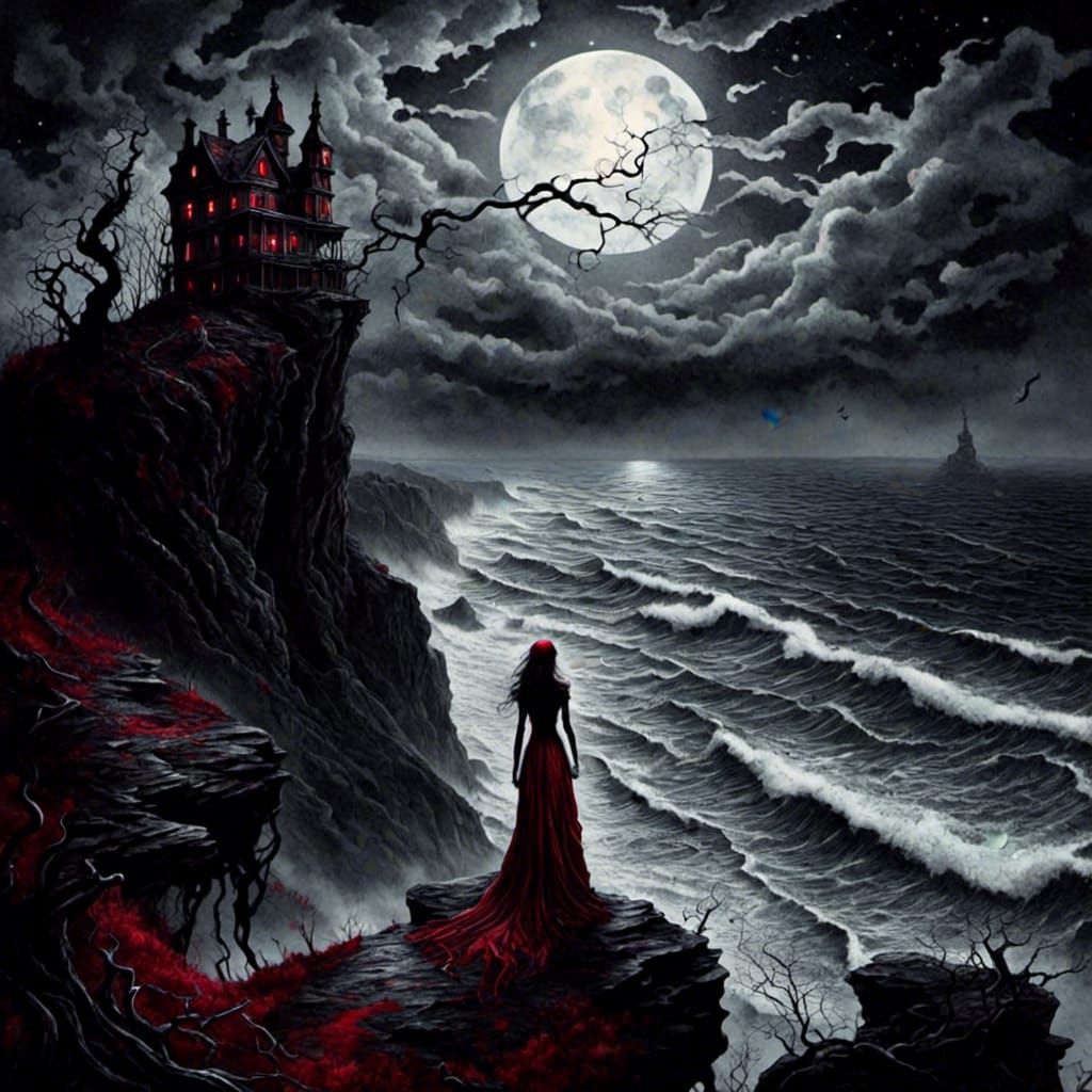 Ethereal Woman Surveys Stormy Ocean in Macabre Watercolor St...