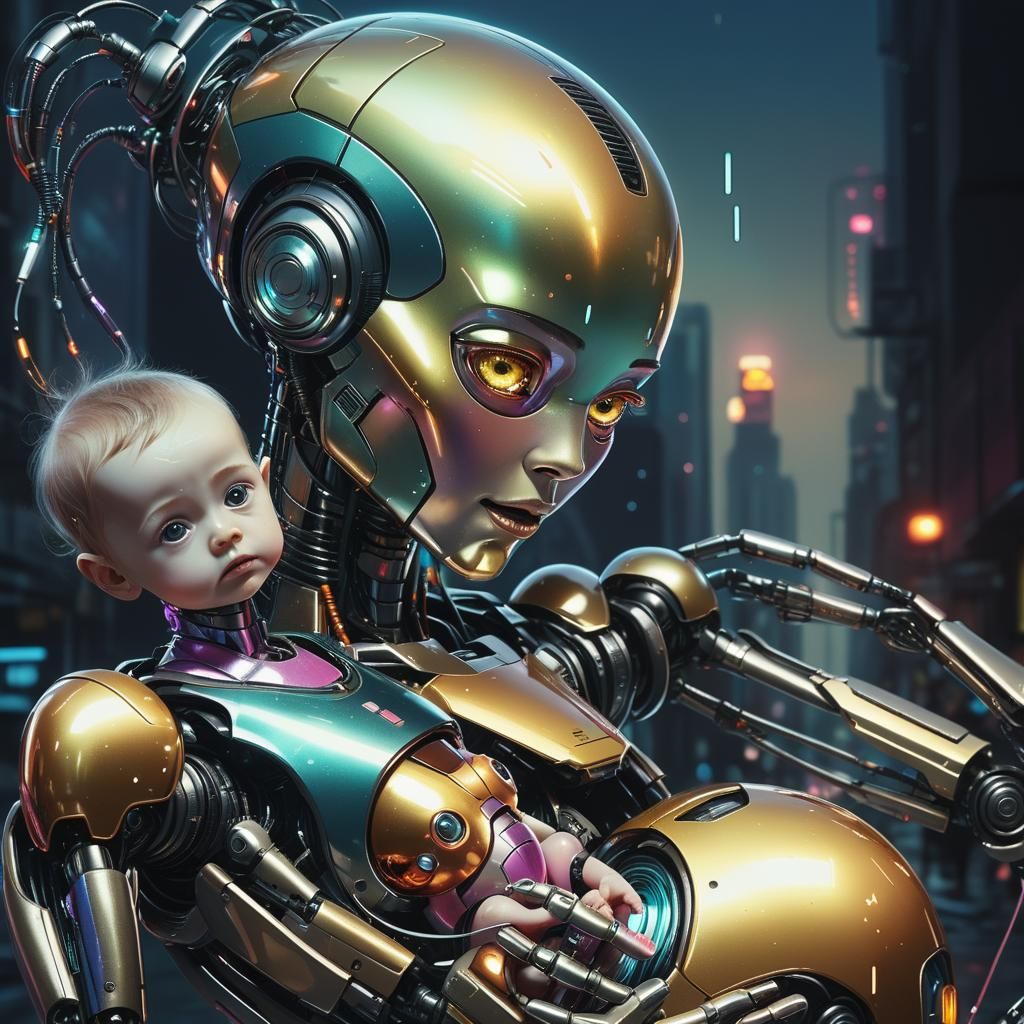 Pregnant Woman Holding a Futuristic Robot Child in a Vibrant...