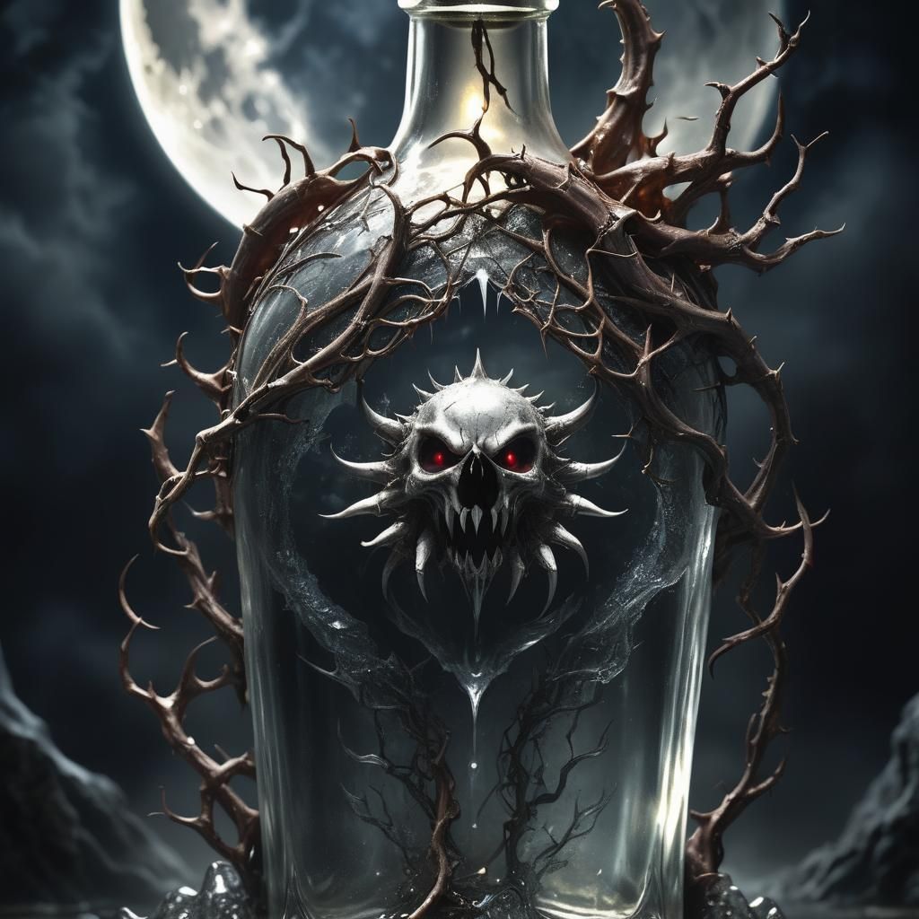 Epic Demon Grasping Crystal Bottle in Full Moonlight