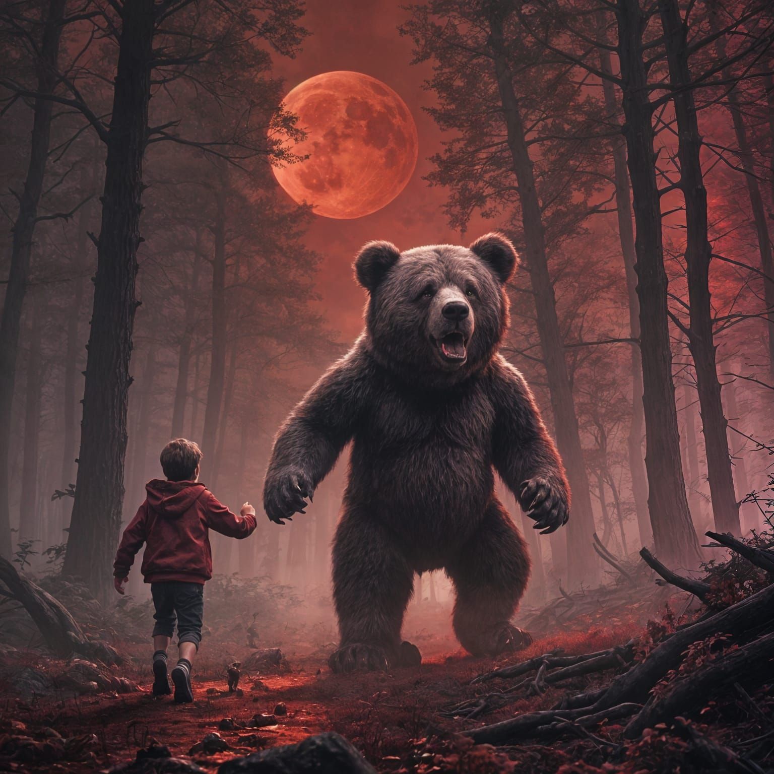 Giant Teddy Bear Terrorizes Boy in Red Moonlit Forest