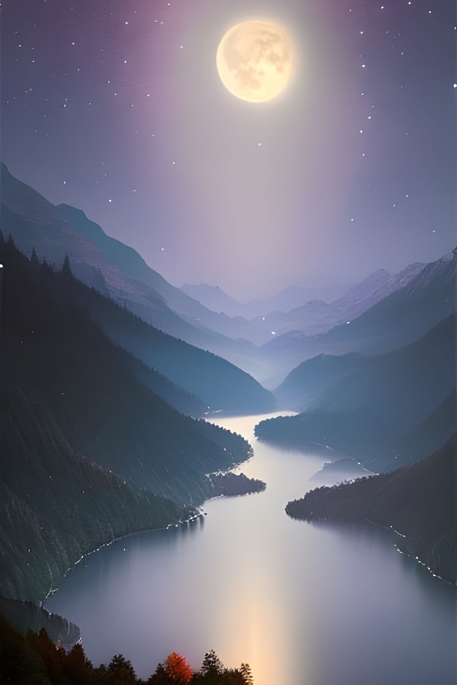 Mystical Moon Over Lake Nightscape