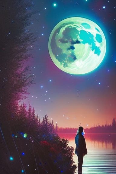 Mystical Moon Over Lake at Night